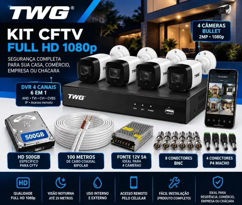 Kit CFTV TWG: DVR de 4 canais, 4 câmeras bullet Full HD 1080p, HD, cabo, fonte e conectores