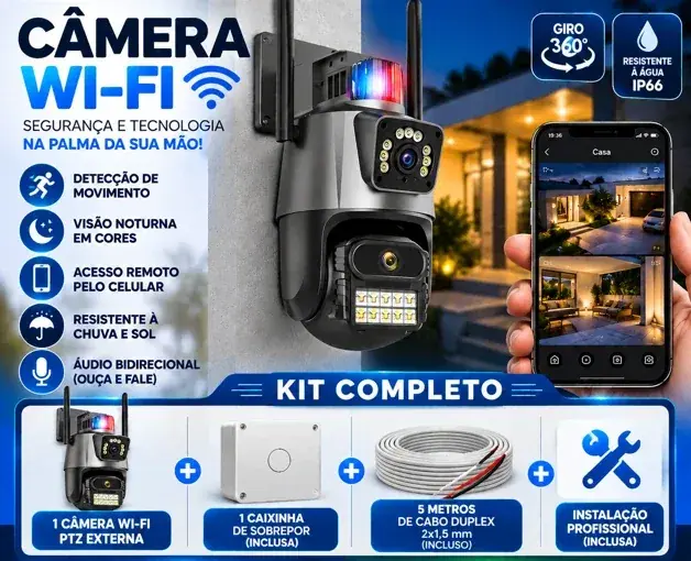 Câmera de segurança Wi-Fi PTZ, giro 360°, com o aplicativo de imagens no celular